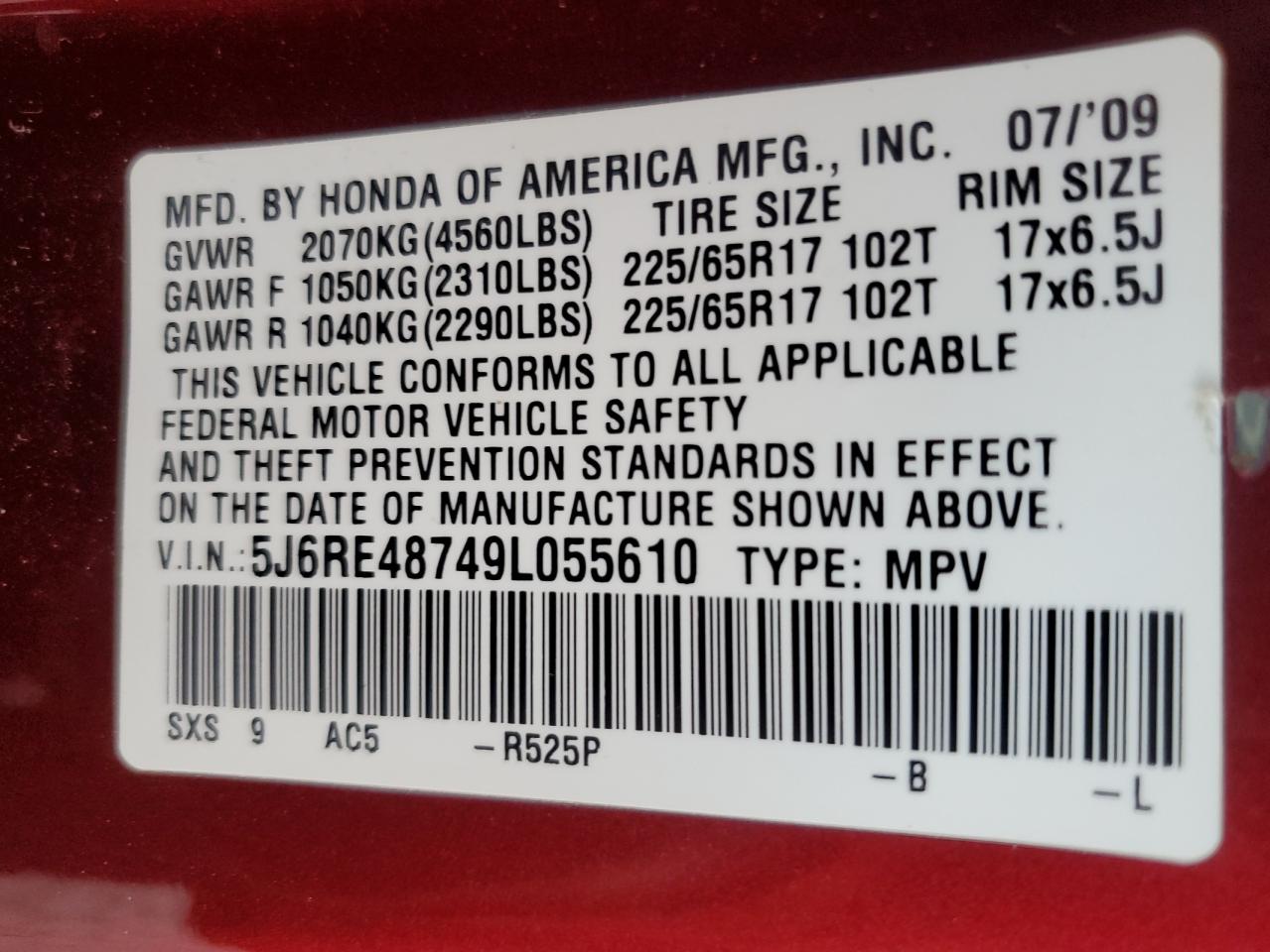 5J6RE48749L055610 2009 Honda Cr-V Exl