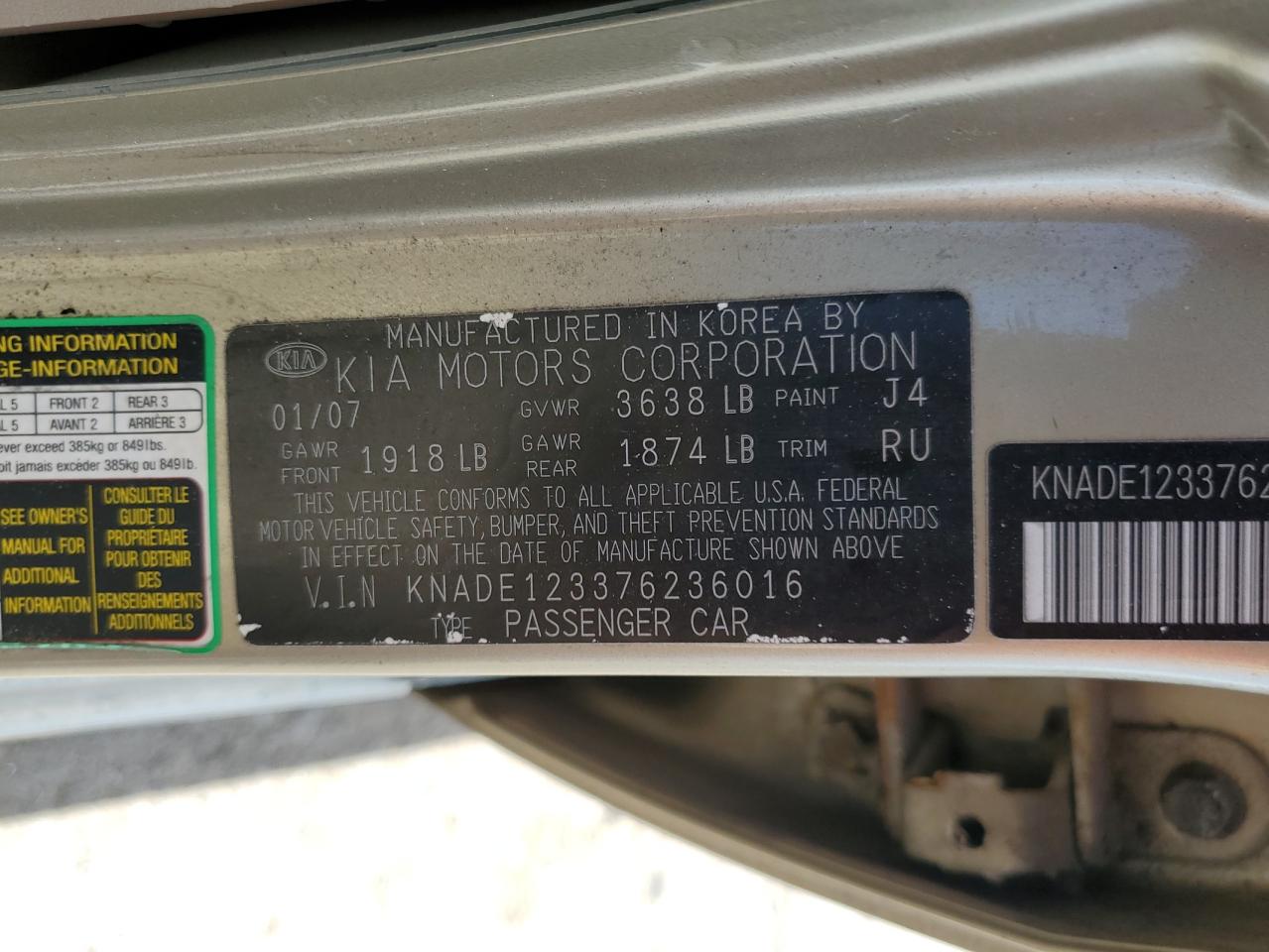 KNADE123376236016 2007 Kia Rio Base