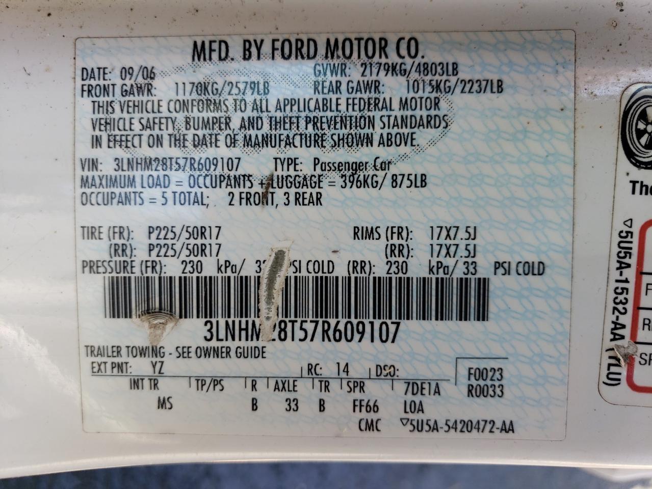 3LNHM28T57R609107 2007 Lincoln Mkz