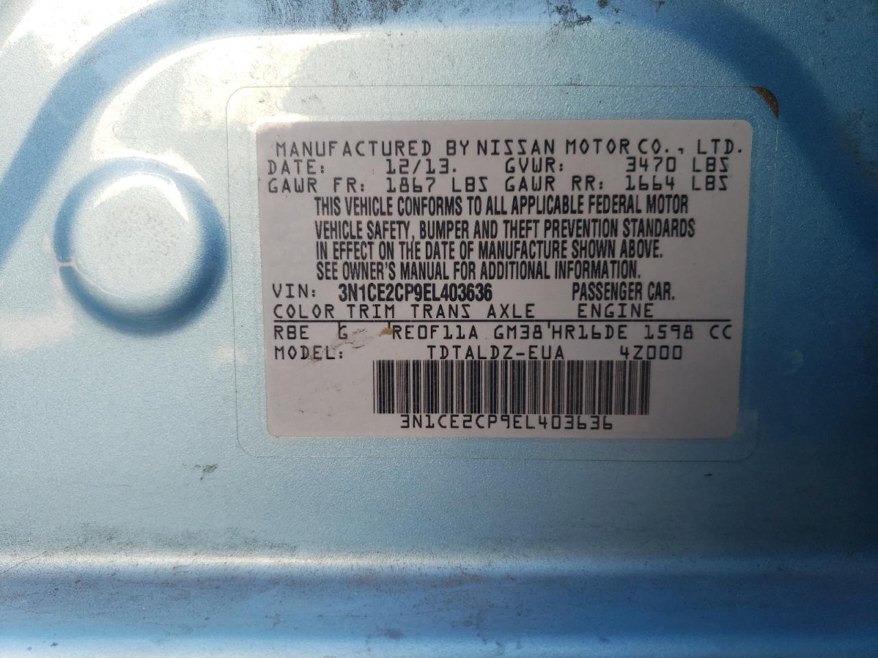 3N1CE2CP9EL403636 2014 Nissan Versa Note S