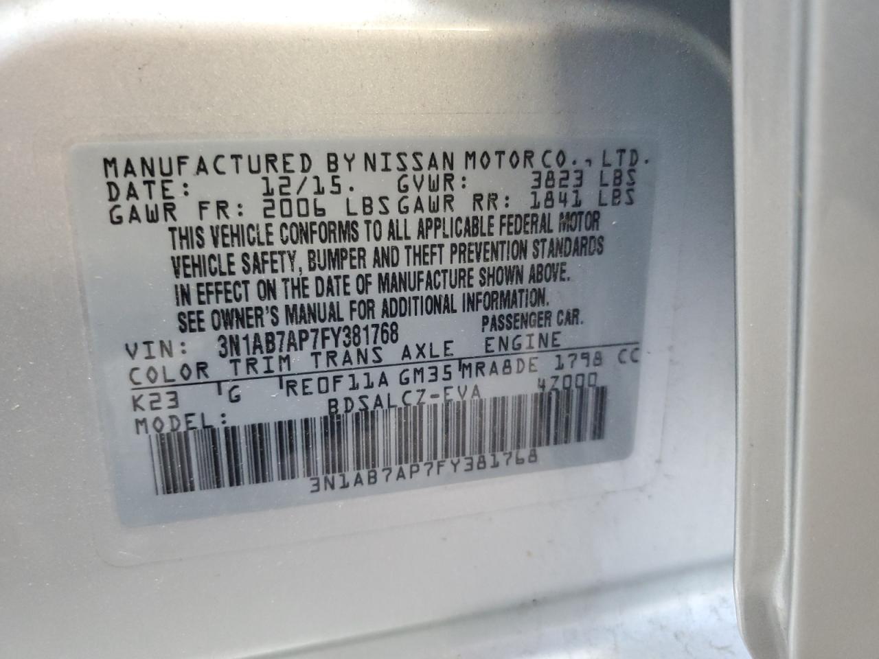 3N1AB7AP7FY381768 2015 Nissan Sentra S