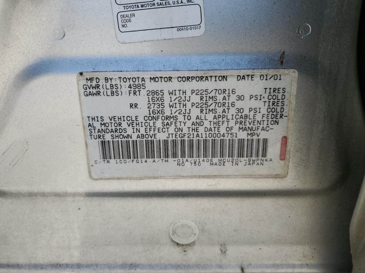 JTEGF21A110004751 2001 Toyota Highlander