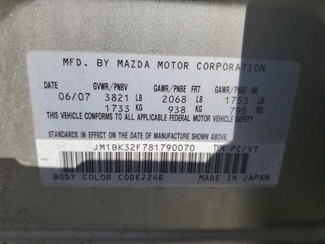 JM1BK32F781790070 2008 Mazda 3 I