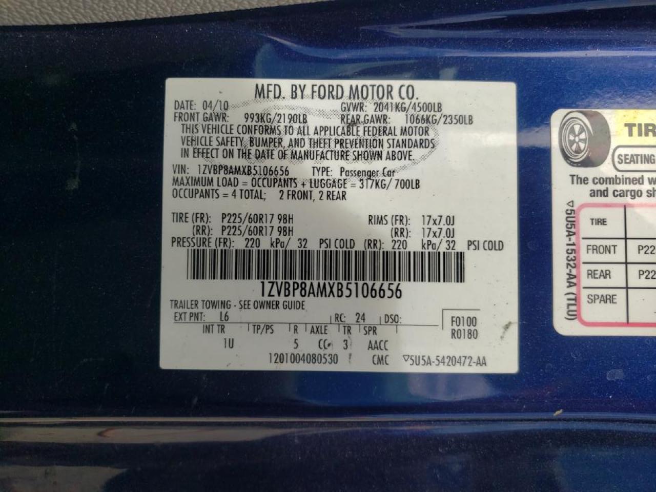 1ZVBP8AMXB5106656 2011 Ford Mustang