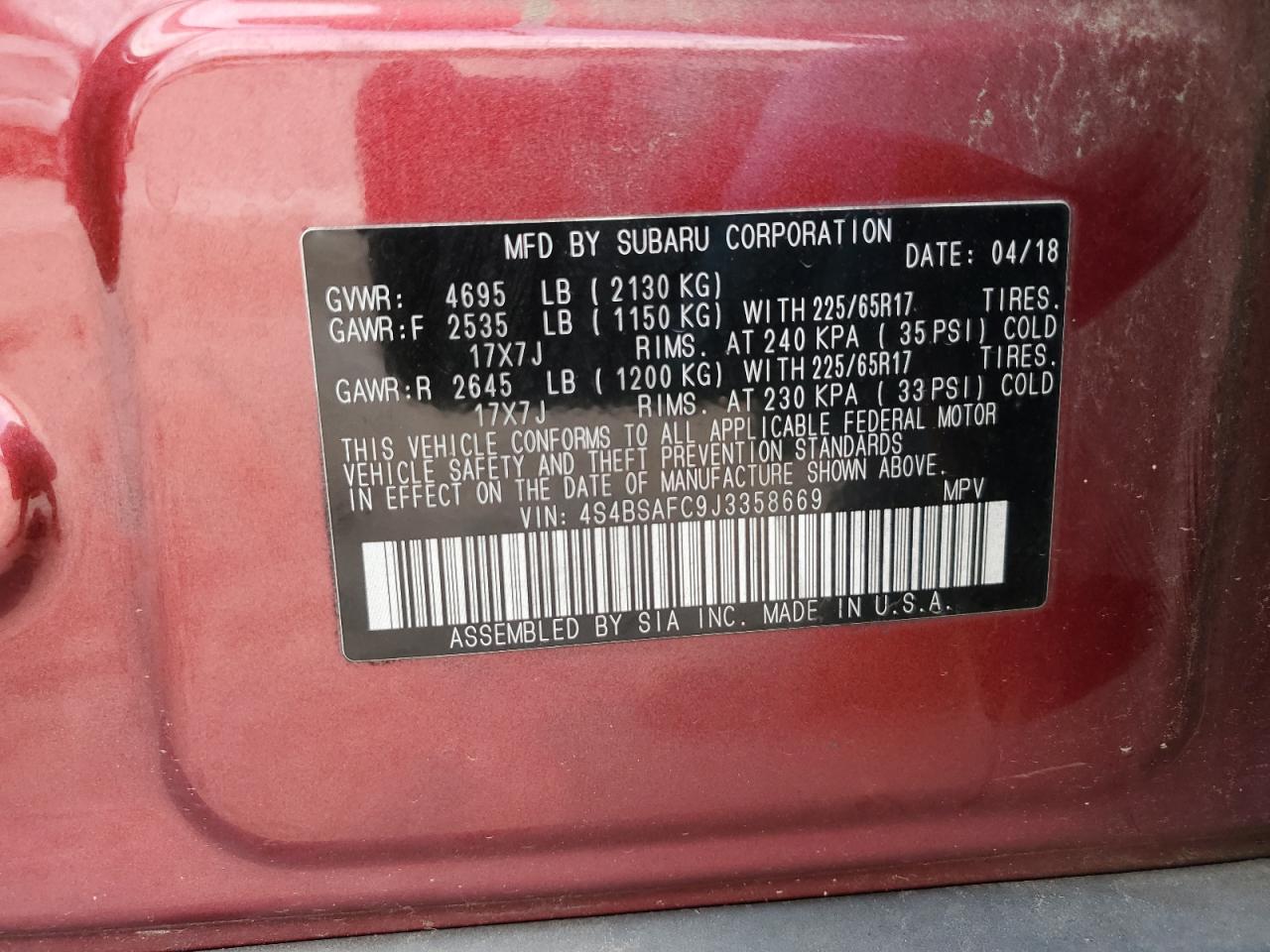 4S4BSAFC9J3358669 2018 Subaru Outback 2.5I Premium