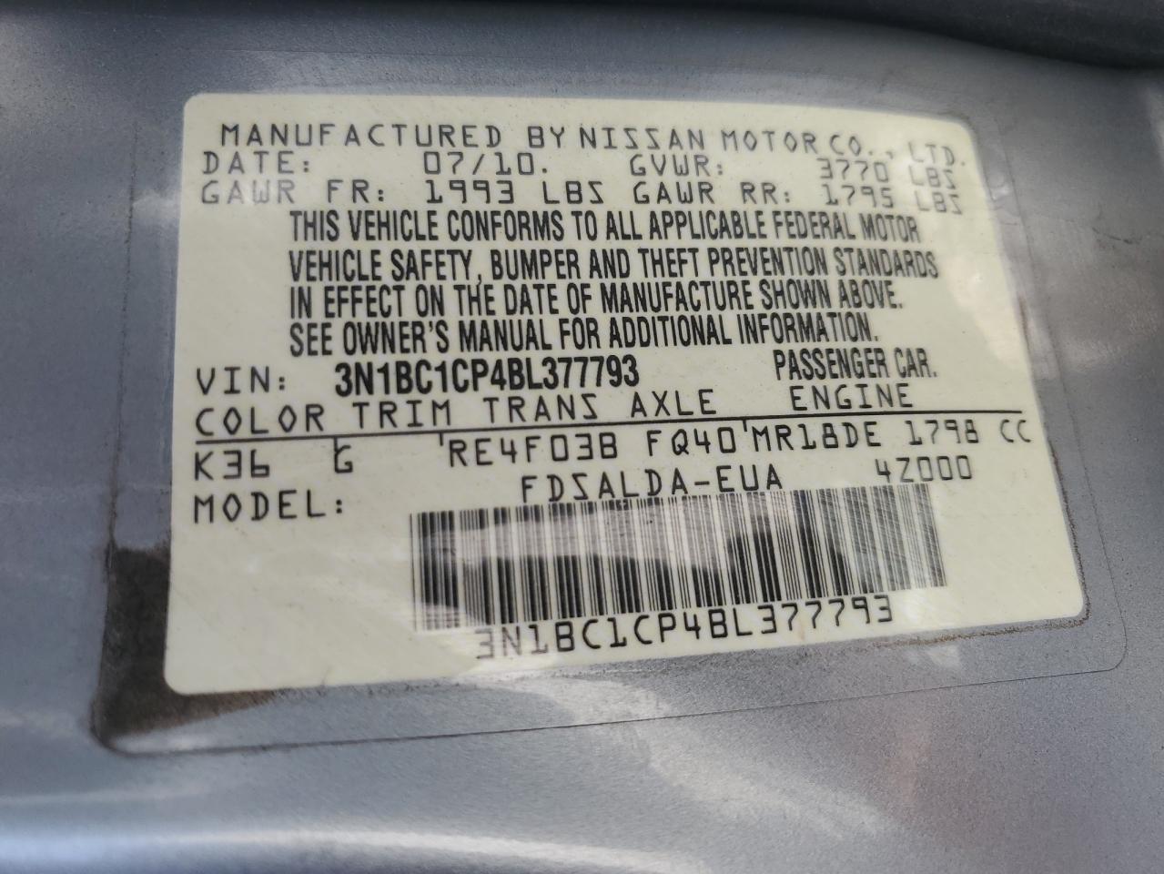 3N1BC1CP4BL377793 2011 Nissan Versa S