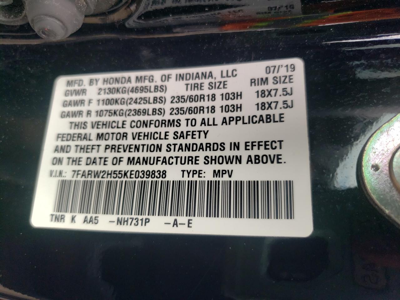 7FARW2H55KE039838 2019 Honda Cr-V Ex