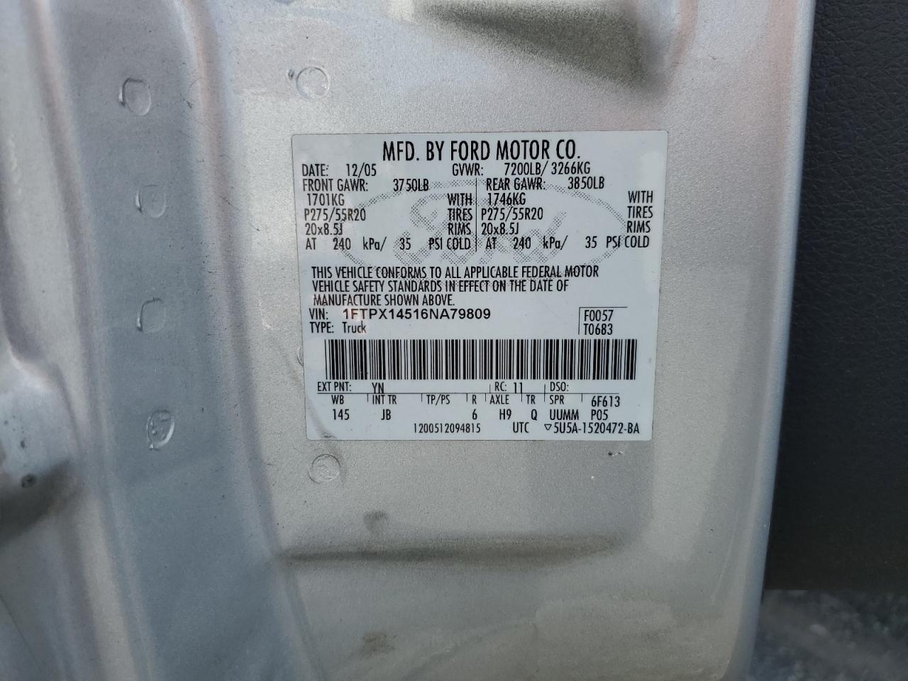 1FTPX14516NA79809 2006 Ford F150