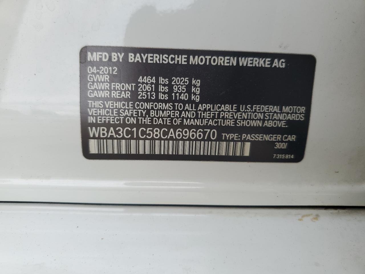 2012 BMW 328 I Sulev vin: WBA3C1C58CA696670