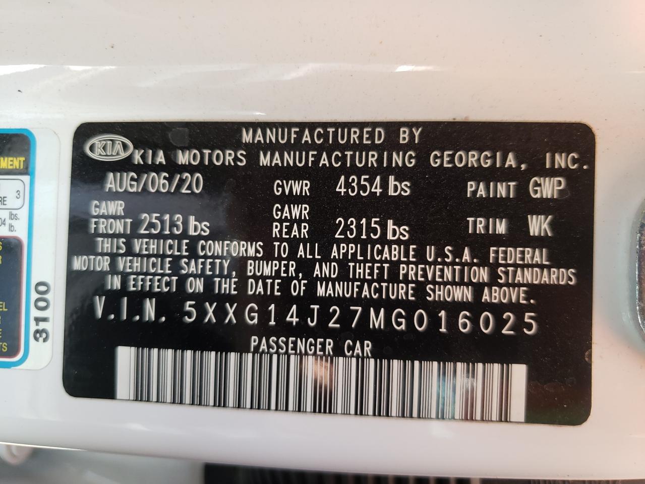 5XXG14J27MG016025 2021 Kia K5 Lxs