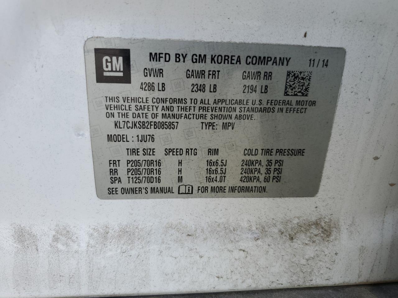 KL7CJKSB2FB085857 2015 Chevrolet Trax Ls