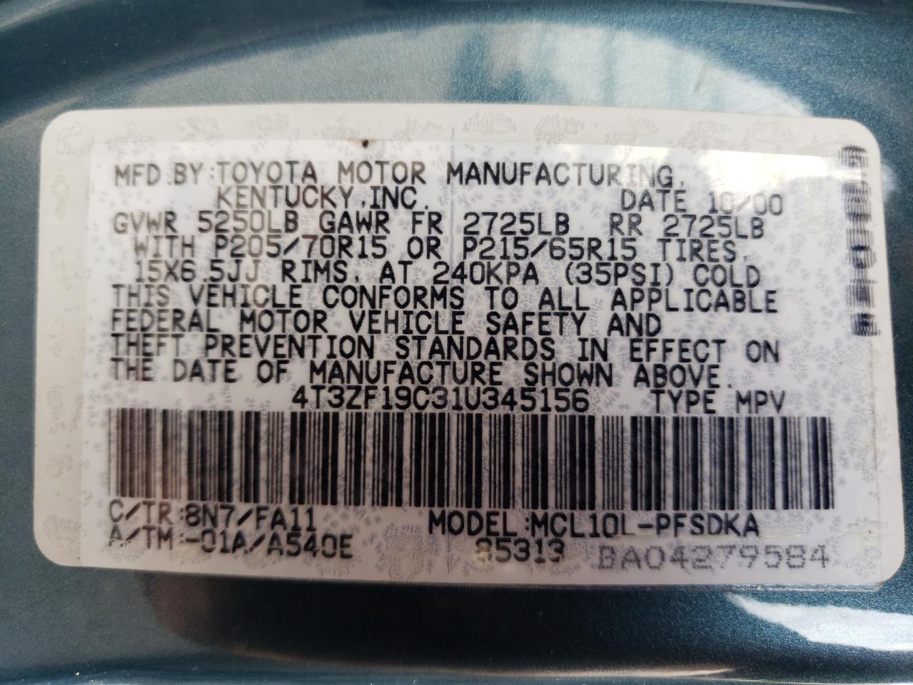 4T3ZF19C31U345156 2001 Toyota Sienna Ce