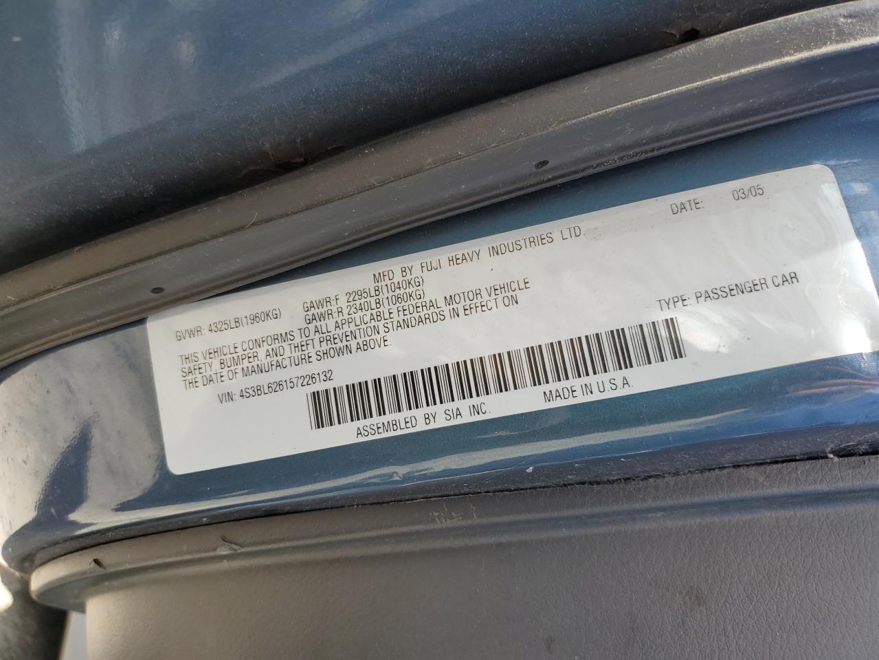 4S3BL626157226132 2005 Subaru Legacy 2.5I Limited