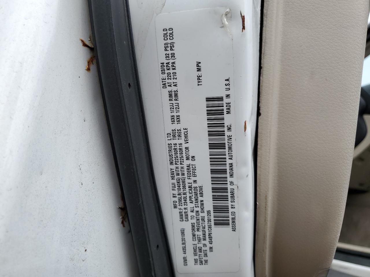 4S4BP61C657301205 2005 Subaru Legacy Outback 2.5I