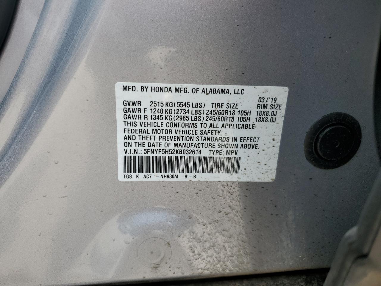 5FNYF5H52KB032614 2019 Honda Pilot Exl