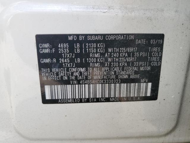 2019 Subaru Outback 2.5I Premium VIN: 4S4BSAHC0K3330323 Lot: 60025324