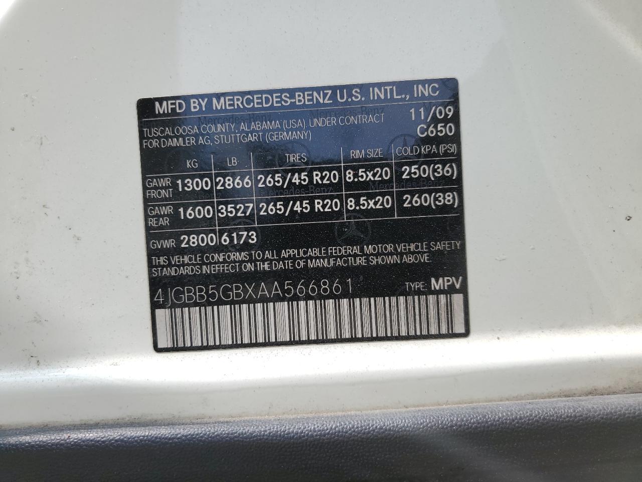 4JGBB5GBXAA566861 2010 Mercedes-Benz Ml 350
