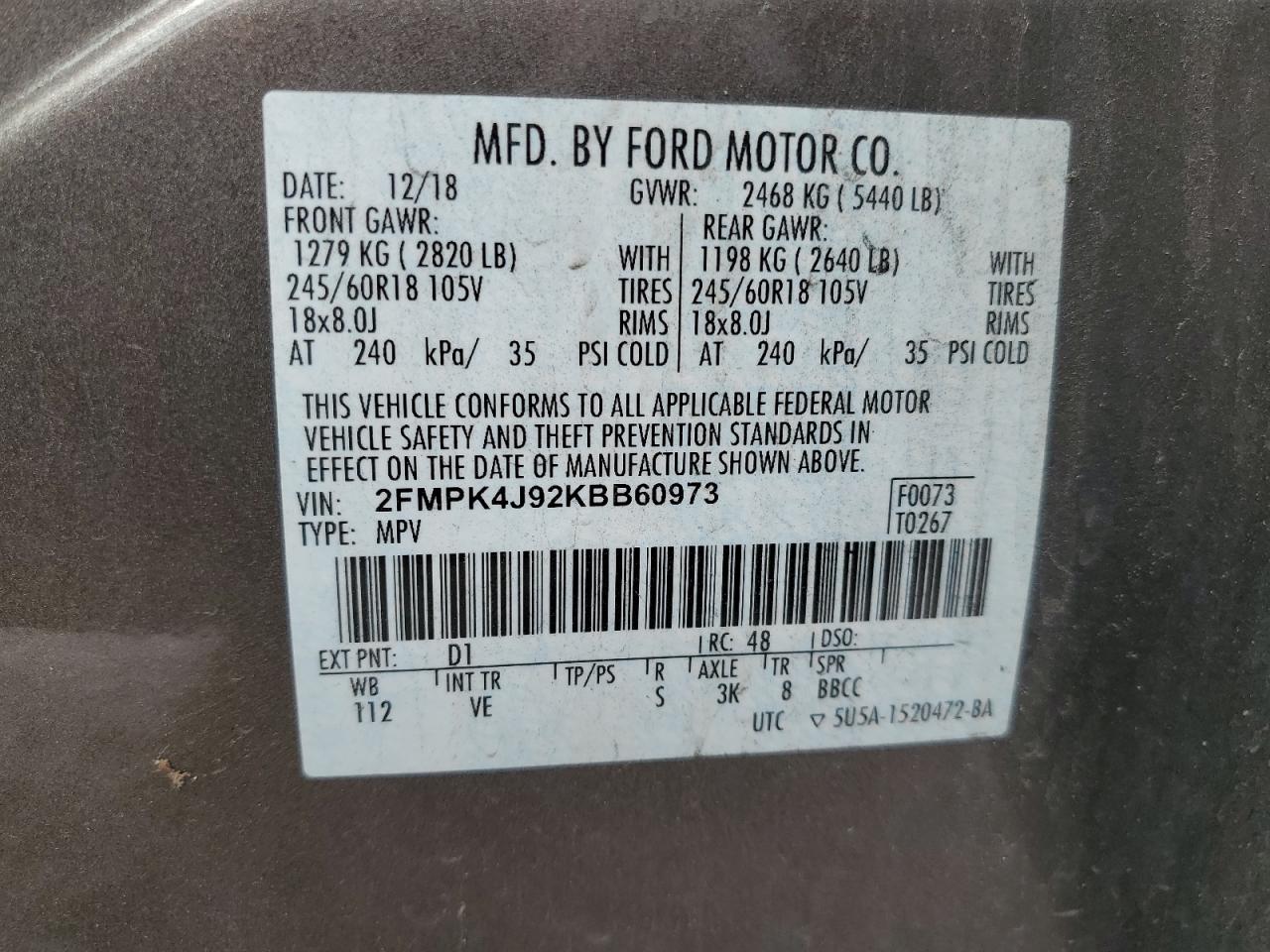 2FMPK4J92KBB60973 2019 Ford Edge Sel