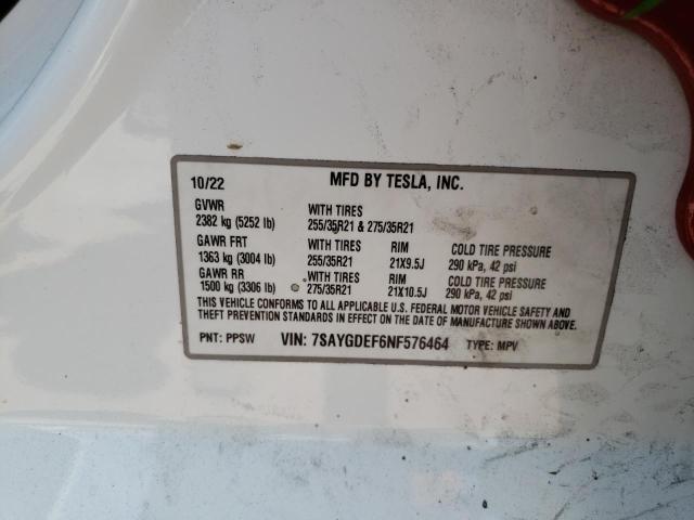 2022 Tesla Model Y VIN: 7SAYGDEF6NF576464 Lot: 57833364