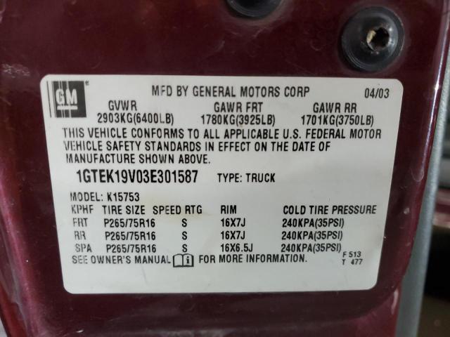 2003 GMC New Sierra K1500 VIN: 1GTEK19V03E301587 Lot: 58973124