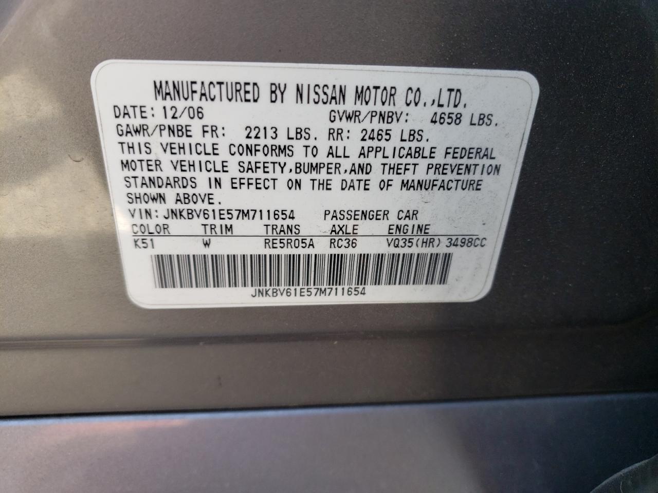 JNKBV61E57M711654 2007 Infiniti G35