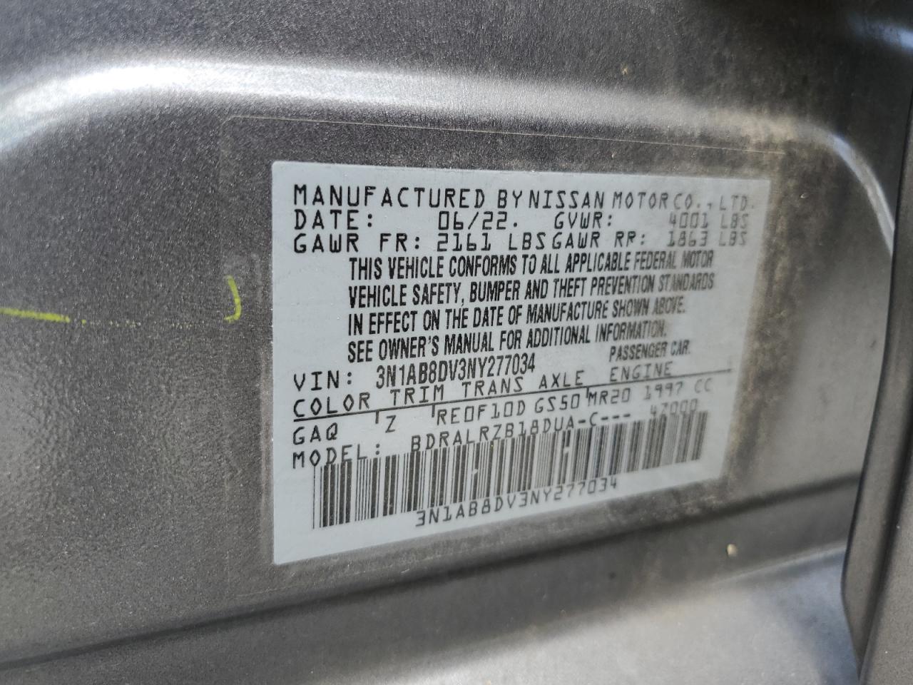 3N1AB8DV3NY277034 2022 Nissan Sentra Sr