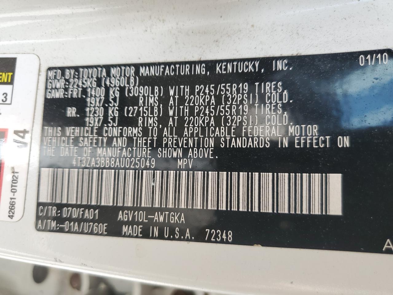 4T3ZA3BB8AU025049 2010 Toyota Venza