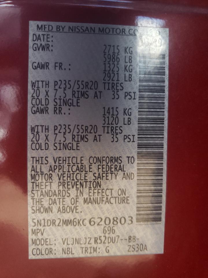 5N1DR2MM6KC620803 2019 Nissan Pathfinder S