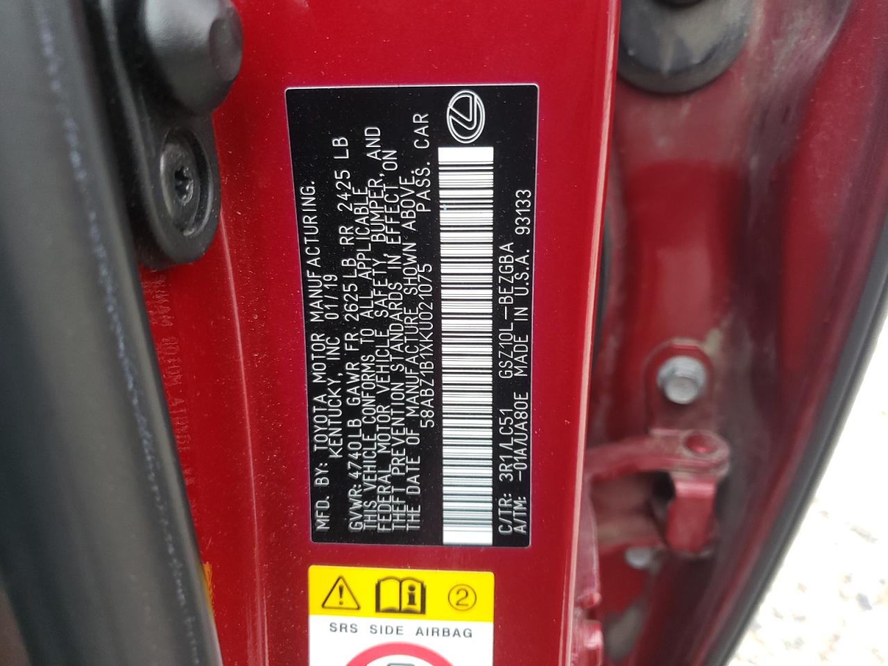 58ABZ1B1XKU021075 2019 Lexus Es 350