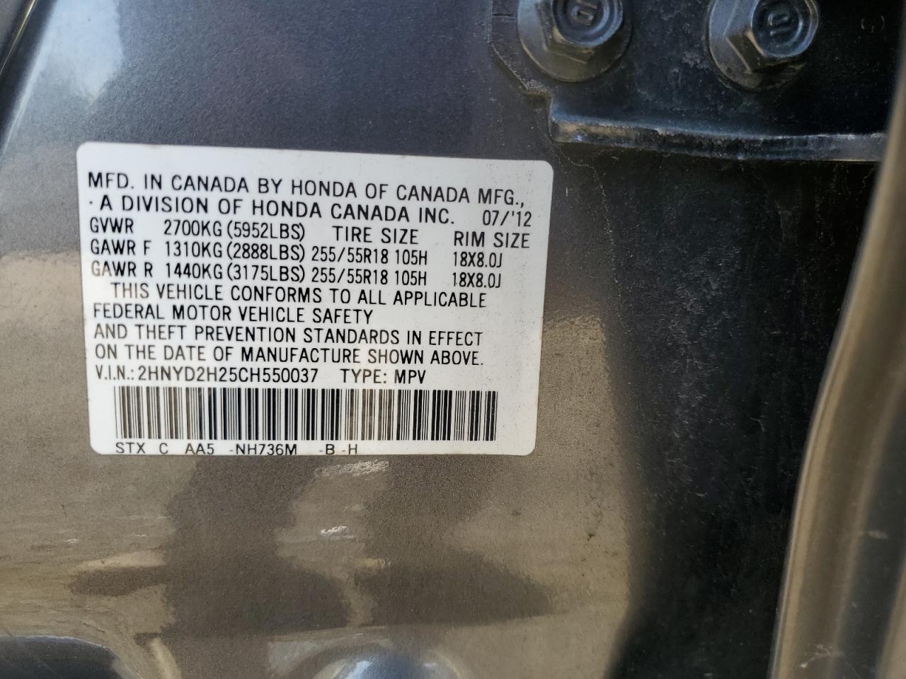 2HNYD2H25CH550037 2012 Acura Mdx