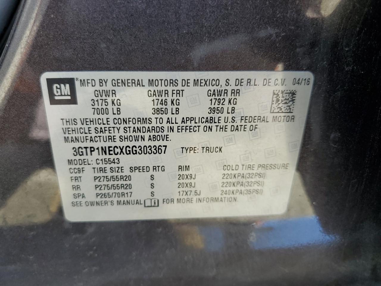 3GTP1NECXGG303367 2016 GMC Sierra C1500 Slt