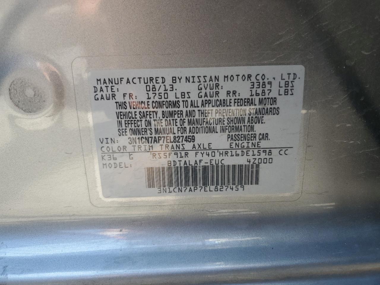 3N1CN7AP7EL827459 2014 Nissan Versa S