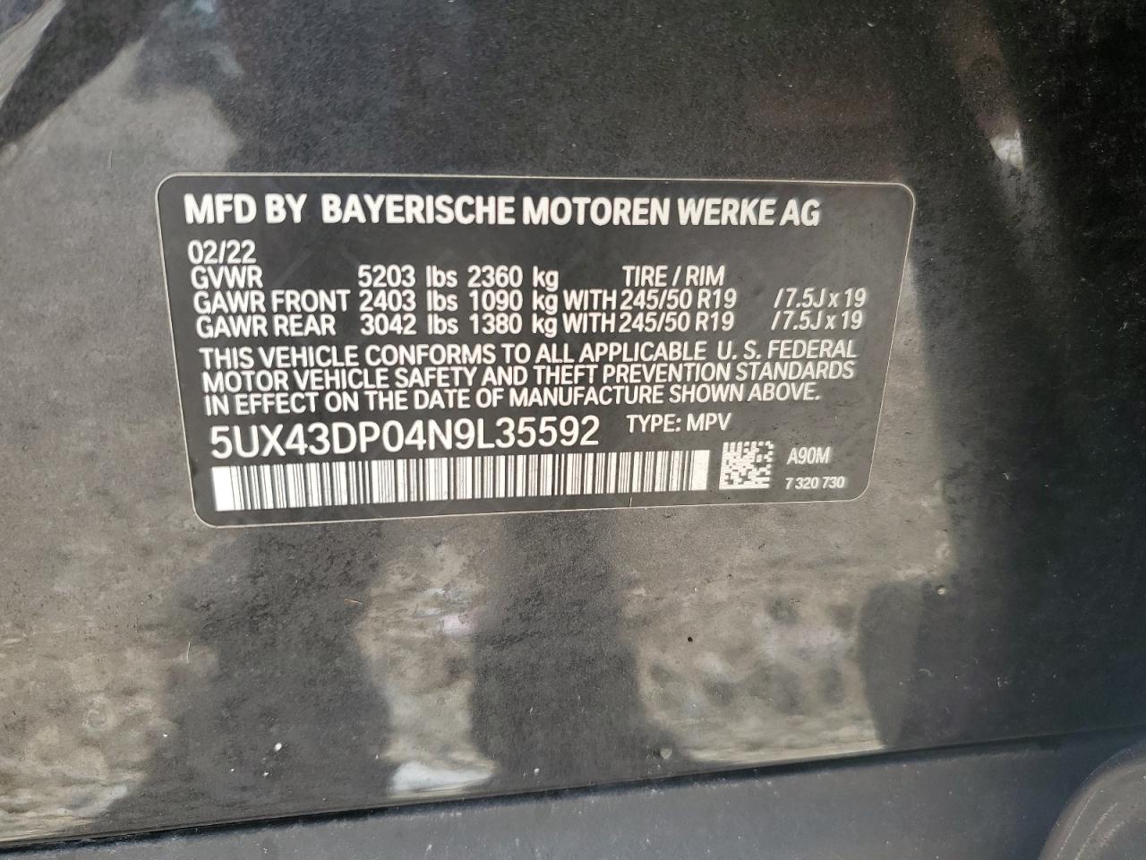 5UX43DP04N9L35592 2022 BMW X3 Sdrive30I