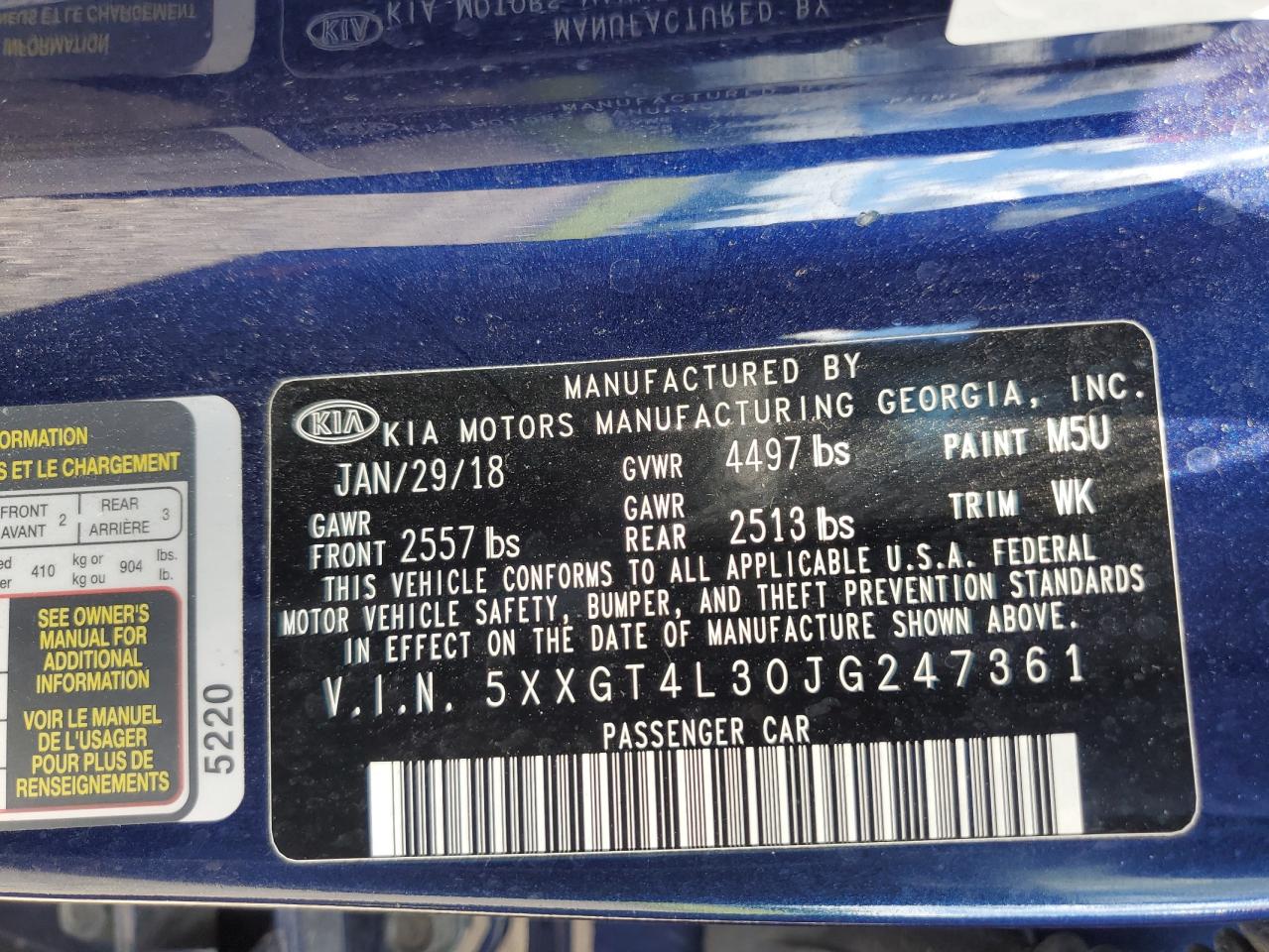 5XXGT4L30JG247361 2018 Kia Optima Lx