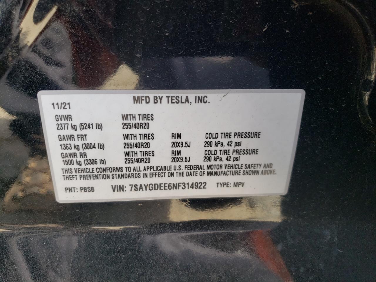 7SAYGDEE6NF314922 2022 Tesla Model Y