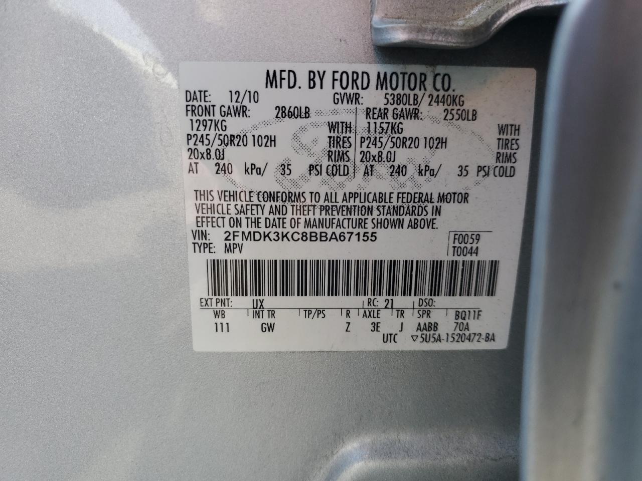 2FMDK3KC8BBA67155 2011 Ford Edge Limited