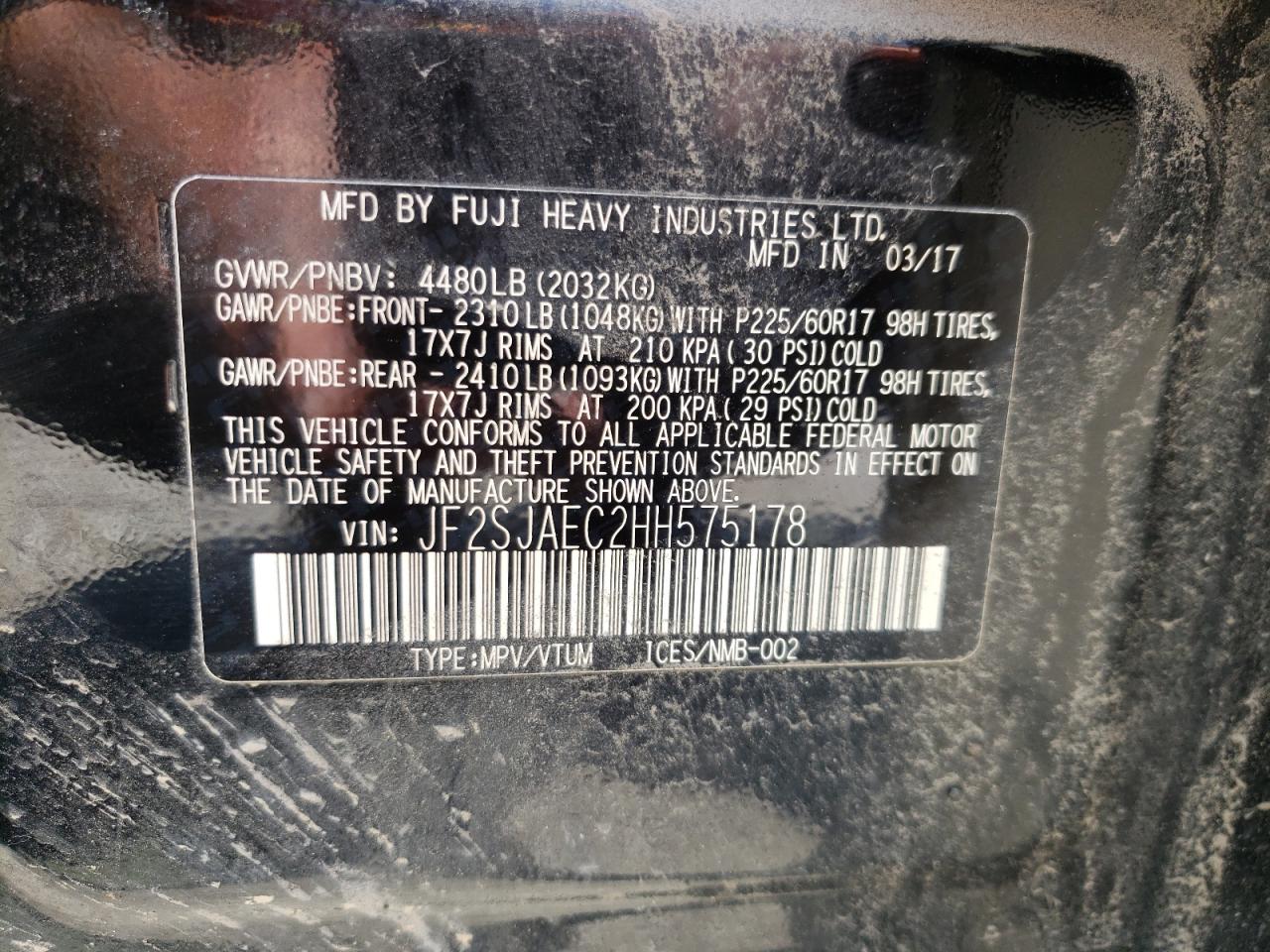 JF2SJAEC2HH575178 2017 Subaru Forester 2.5I Premium