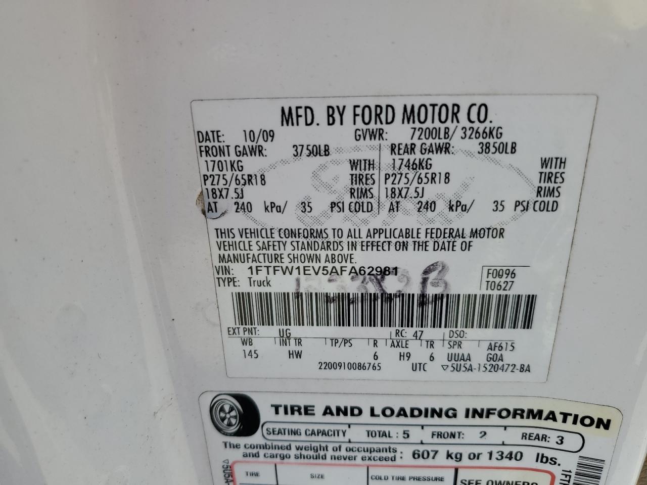 1FTFW1EV5AFA62981 2010 Ford F150 Supercrew