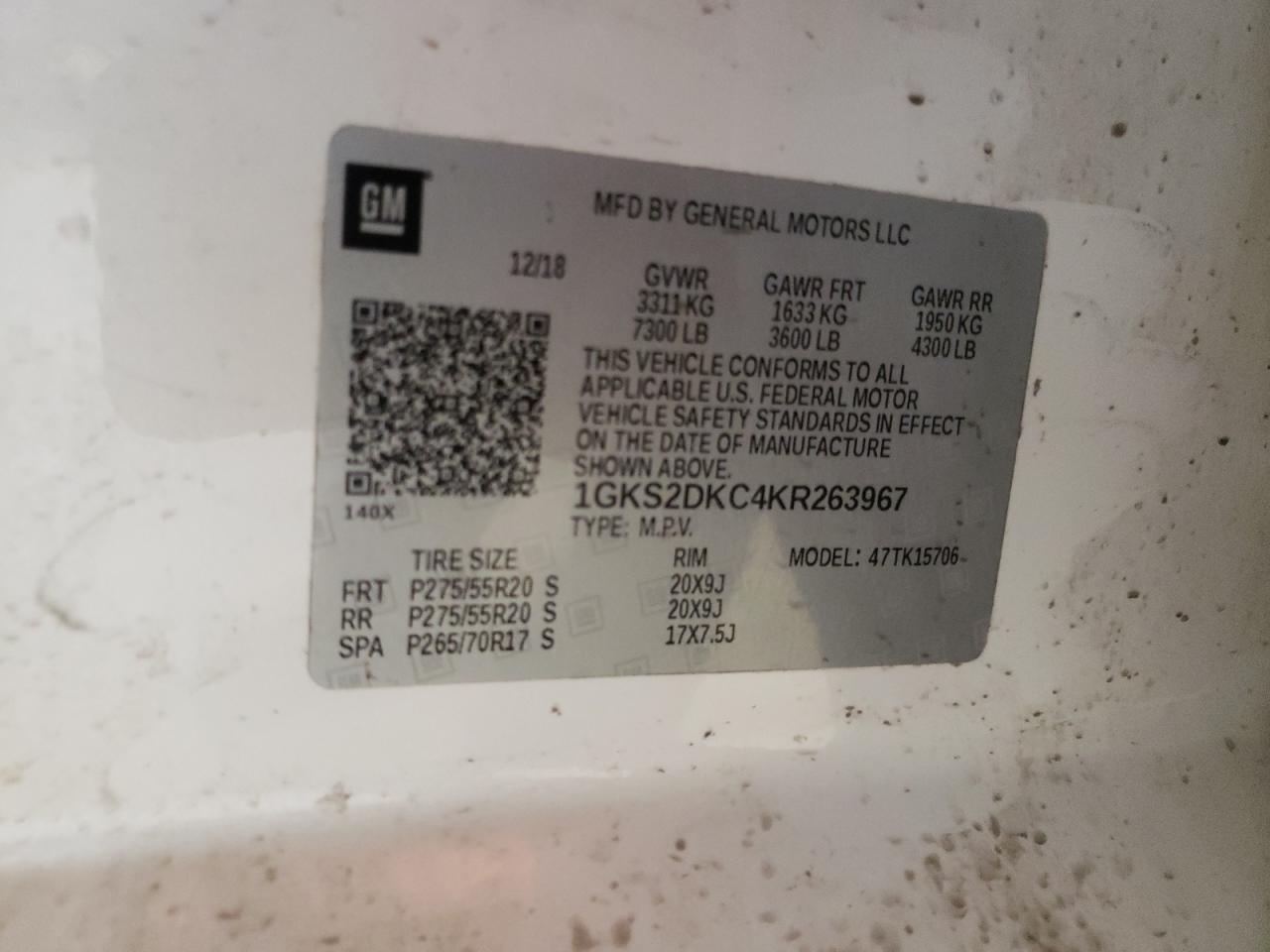 1GKS2DKC4KR263967 2019 GMC Yukon Slt