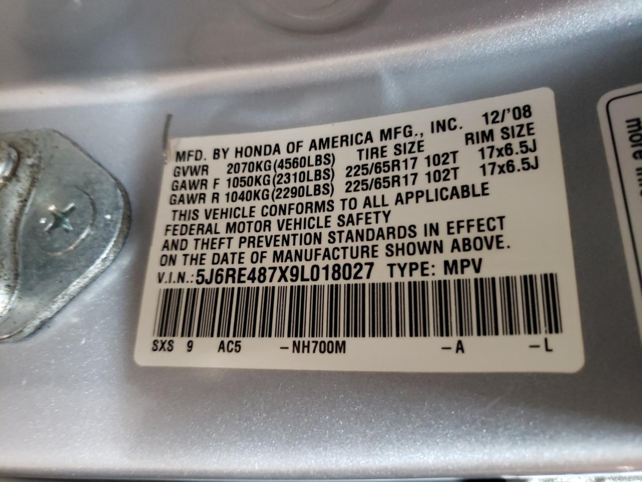 5J6RE487X9L018027 2009 Honda Cr-V Exl