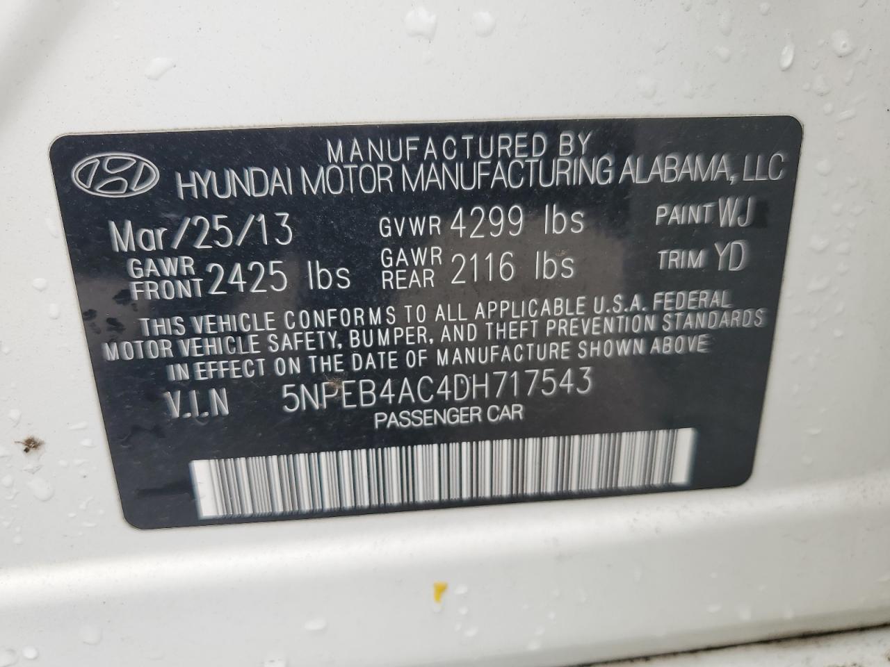 5NPEB4AC4DH717543 2013 Hyundai Sonata Gls