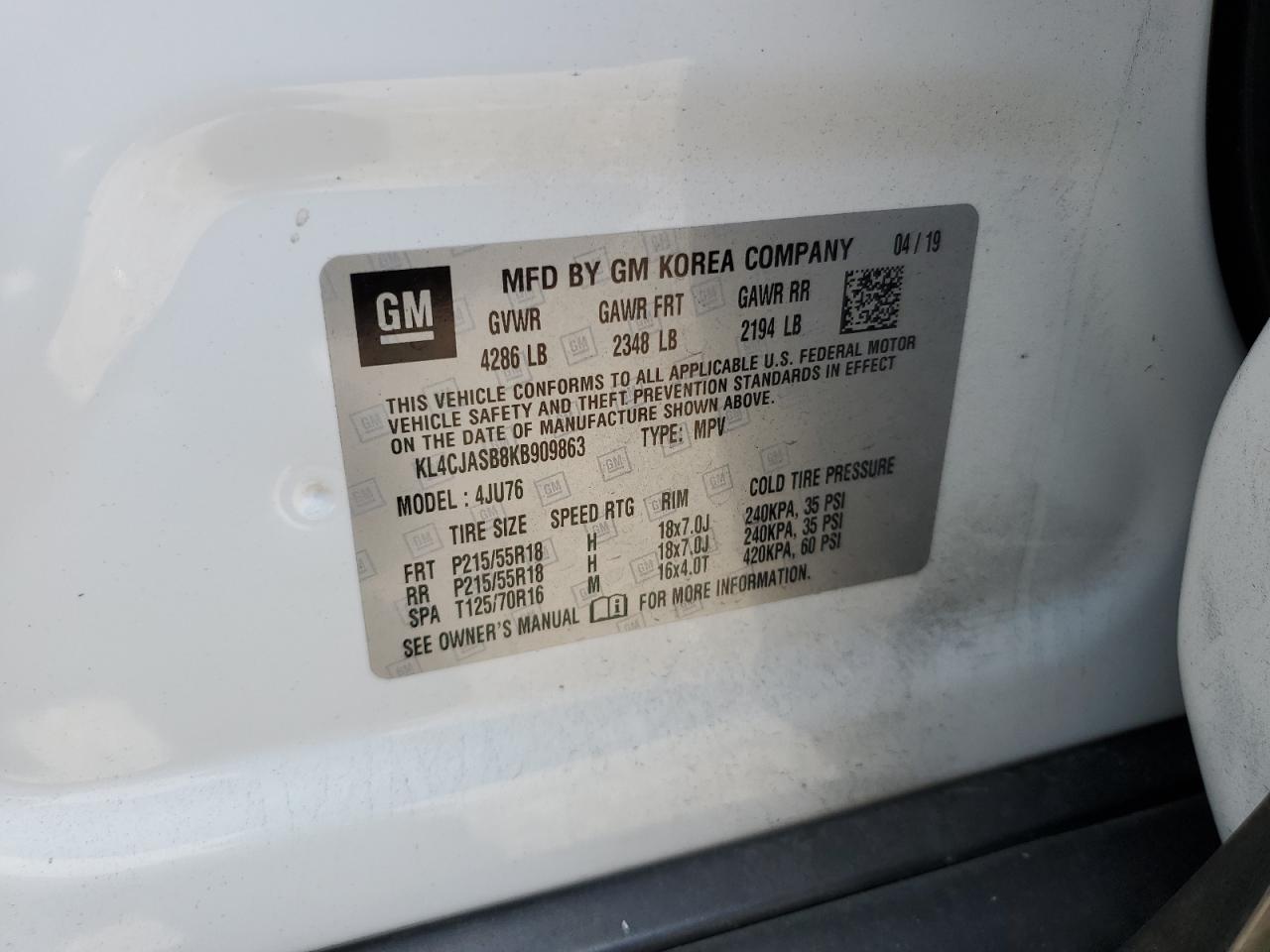 KL4CJASB8KB909863 2019 Buick Encore Preferred