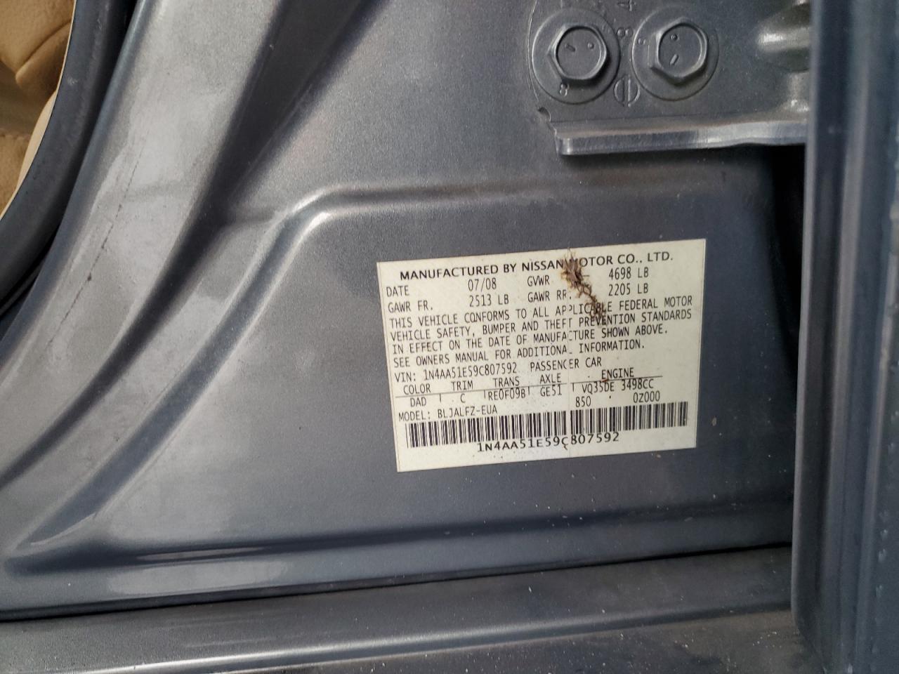 1N4AA51E59C807592 2009 Nissan Maxima S