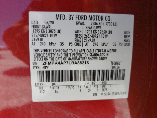 2020 Ford Edge St VIN: 2FMPK4AP7LBA88216 Lot: 60349224