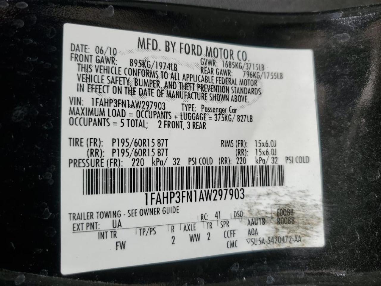 1FAHP3FN1AW297903 2010 Ford Focus Se