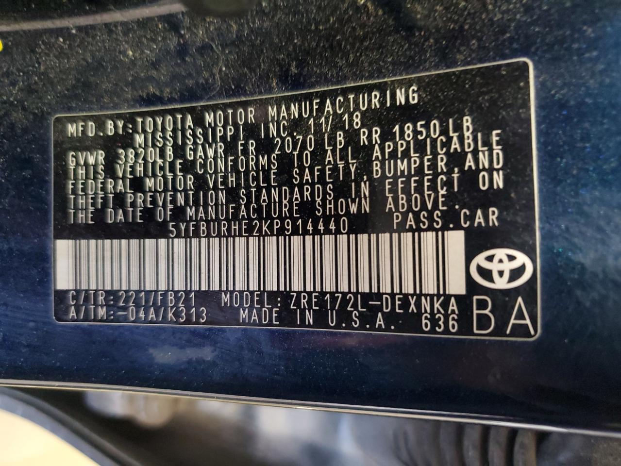 5YFBURHE2KP914440 2019 Toyota Corolla L