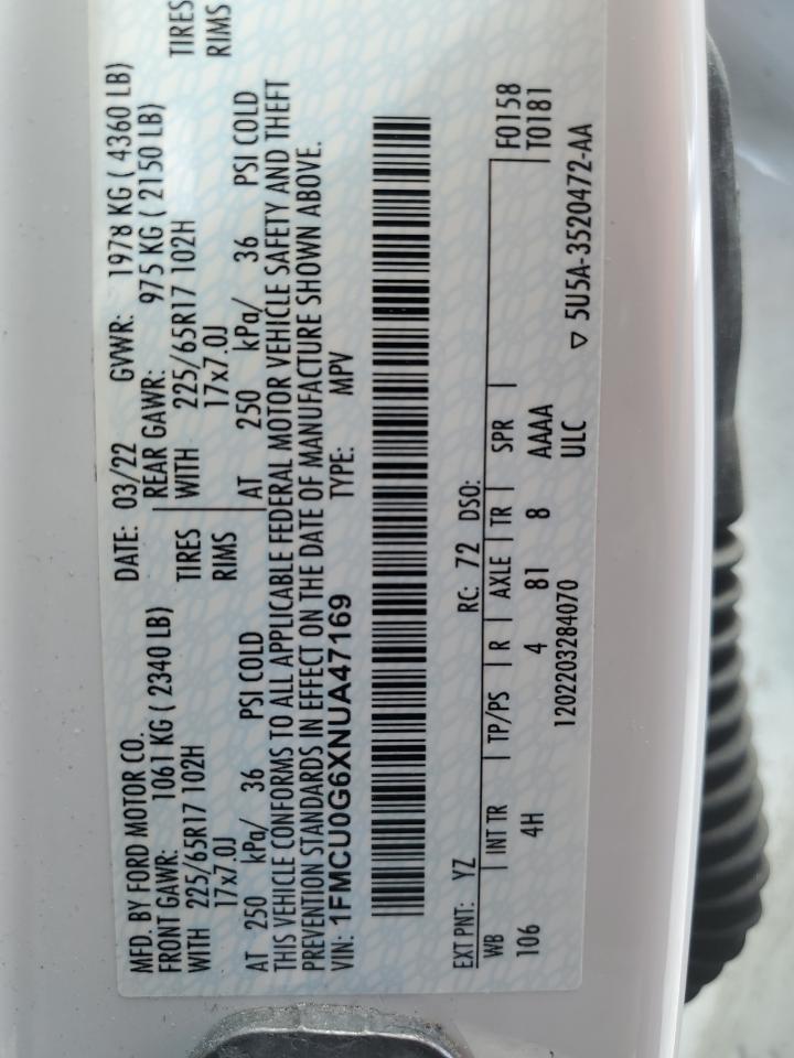 1FMCU0G6XNUA47169 2022 Ford Escape Se