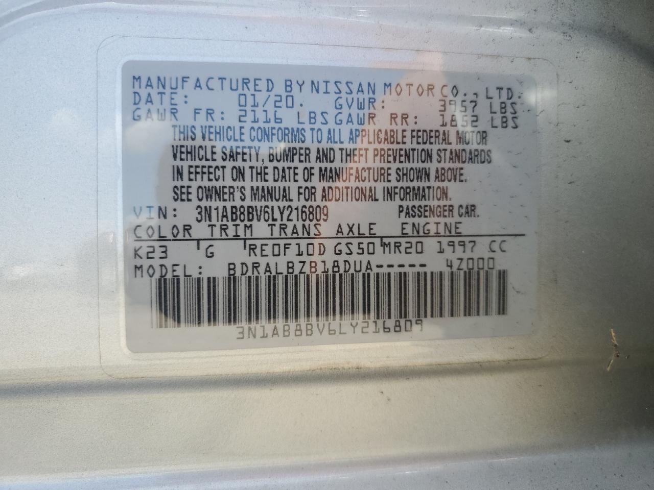 3N1AB8BV6LY216809 2020 Nissan Sentra S