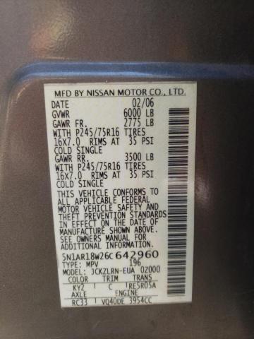 2006 Nissan Pathfinder Le VIN: 5N1AR18W26C642960 Lot: 60273874