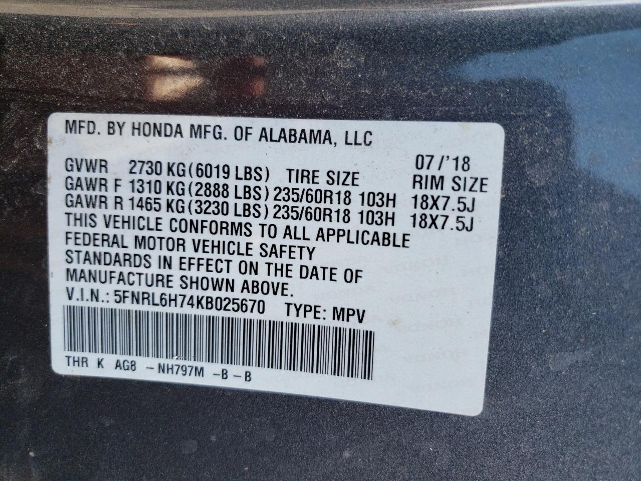 2019 Honda Odyssey Exl vin: 5FNRL6H74KB025670